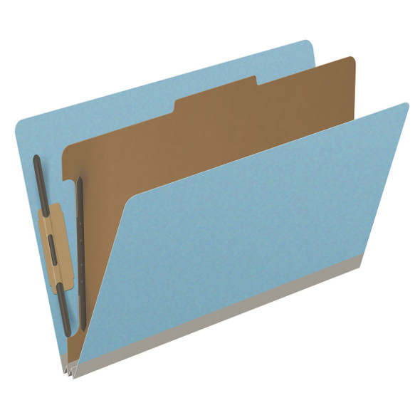 Blue legal size end tab one divider classification folder with 2" gray tyvek expansion, with 2" bonded fasteners on inside front and inside back and 1" duo fastener on divider - DV-S52-14-3BLU