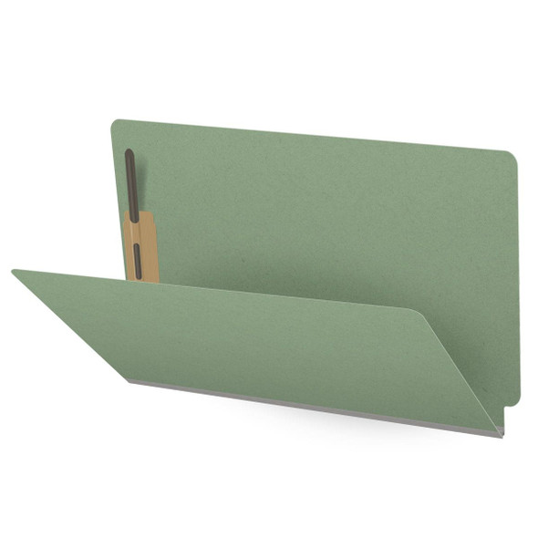 Green legal size end tab classification folder with 2" gray tyvek expansion and 2" bonded fasteners on inside front and inside back. 25 pt type 3 pressboard stock. Packaged 25/125 - DV-S52-02-3AGN