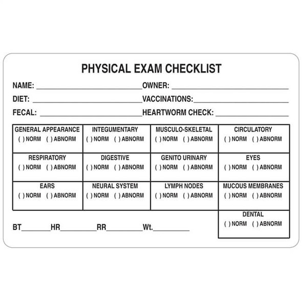 Veterinary Physical Exam Checklist Label - 4"W x 2-5/8"H -  White - 240/Roll