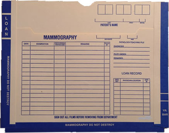 Printed Mammogram Film Jacket.  Blue Border - Size 11 X 14.  200 Jackets per Carton