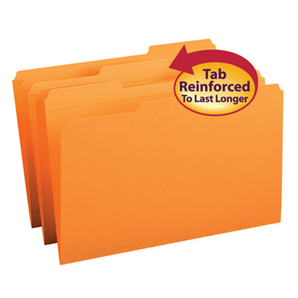 Top Tab File Folder With Fasteners Positions 1 and 3, Orange, Legal Size, 11 pt, Reinforced Tab, 1/3 Cut Assorted, Box of 100