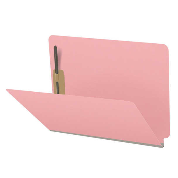 Pink letter size end tab classification folder with 2" gray tyvek expansion and 2" bonded fasteners on inside front and inside back. 18 pt. paper stock. Packaged 25/125.