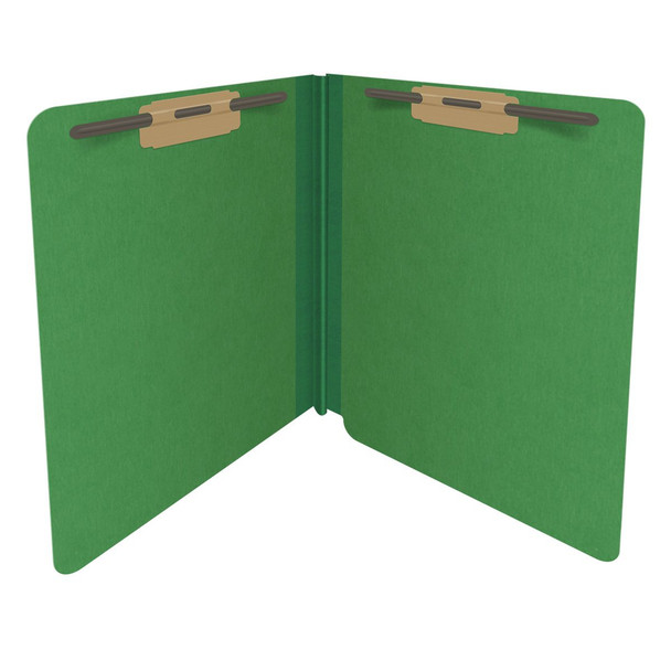 Moss green letter size end tab classification folder with 2" dark green tyvek expansion and 2" bonded fasteners on inside front and inside back. 25 pt type 3 pressboard stock. Packaged 25/125