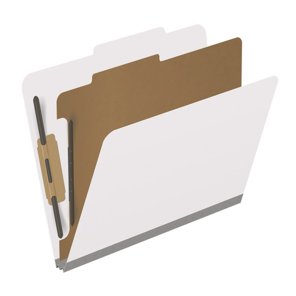 White letter size top tab classification folder with 2" gray tyvek expansion, with 2" bonded fasteners on inside front and inside back and 1" duo fastener on divider. 18 pt. paper stock and 17 pt brown kraft dividers. Packaged 10/50.