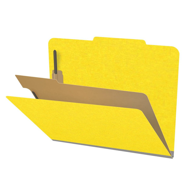 Yellow letter size top tab classification folder with 2" gray tyvek expansion, with 2" bonded fasteners on inside front and inside back and 1" duo fastener on divider. 18 pt. paper stock and 17 pt brown kraft dividers. Packaged 10/50.