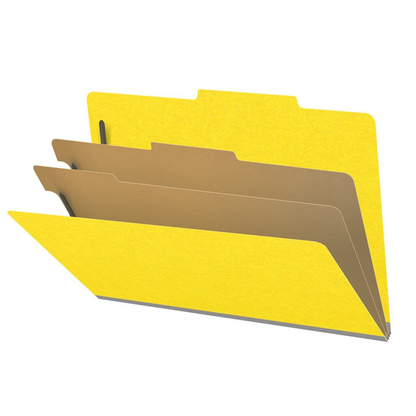 Yellow legal size top tab classification folder with 2" gray tyvek expansion, with 2" bonded fasteners on inside front and inside back and 1" duo fastener on dividers. 18 pt. paper stock and 17 pt brown kraft dividers. Packaged 10/50.