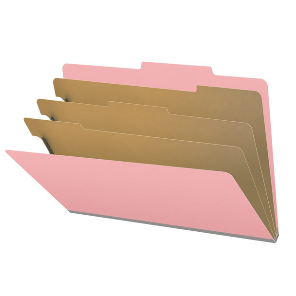Pink legal size top tab classification folder with 3" gray tyvek expansion, with 2" bonded fasteners on inside front and inside back and 1" duo fastener on dividers. 18 pt. paper stock and 17 pt brown kraft dividers. Packaged 10/50.