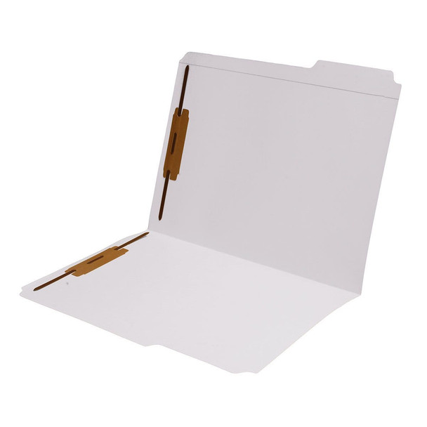 White letter size reinforced top tab folder with 1/3 cut assorted top tabs and 2" bonded fastener on inside front and back. 11 pt white stock. Packaged 50/250