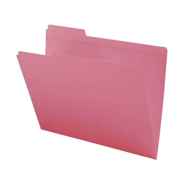 Pink letter size reinforced top tab folder with 1/3 cut assorted top tabs. 11 pt pink stock. Packaged 100/500.