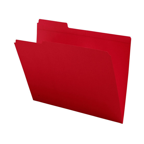 Red letter size reinforced top tab folder with 1/3 cut assorted top tabs. 11 pt red stock. Packaged 100/500
