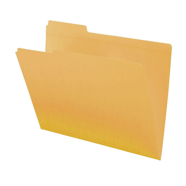 Yellow letter size reinforced top tab folder with 1/3 cut assorted top tabs. 11 pt yellow stock. Packaged 100/500