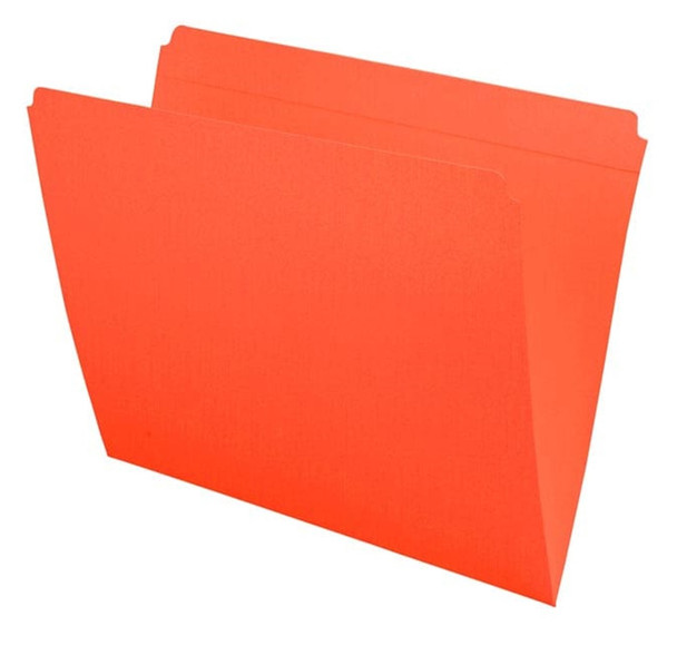 Orange letter size reinforced top tab folder with full cut top tab. 11 pt orange stock. Packaged 100/500.
