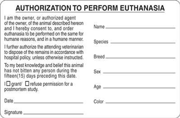 Authorization Euthanasia 4"x2-5/8" White