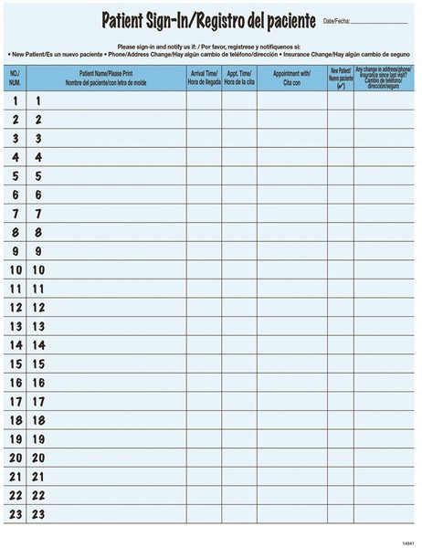 English/Spanish Bilingual Patient SignIn Forms BLUE English