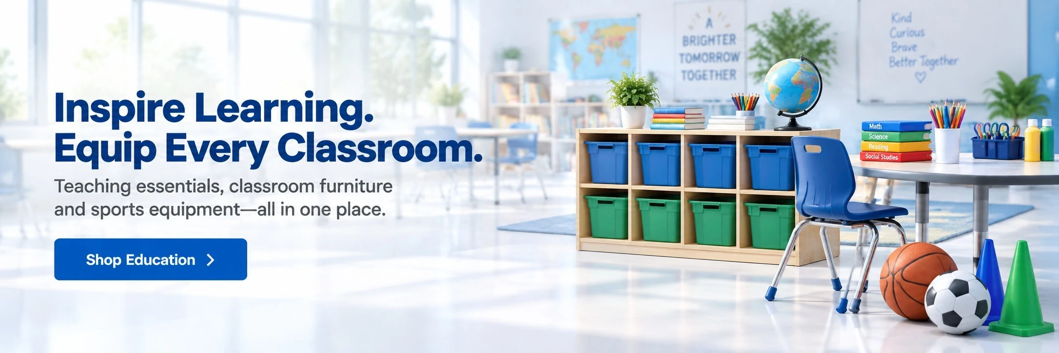 Classroom storage, school supplies, furniture and PE equipment