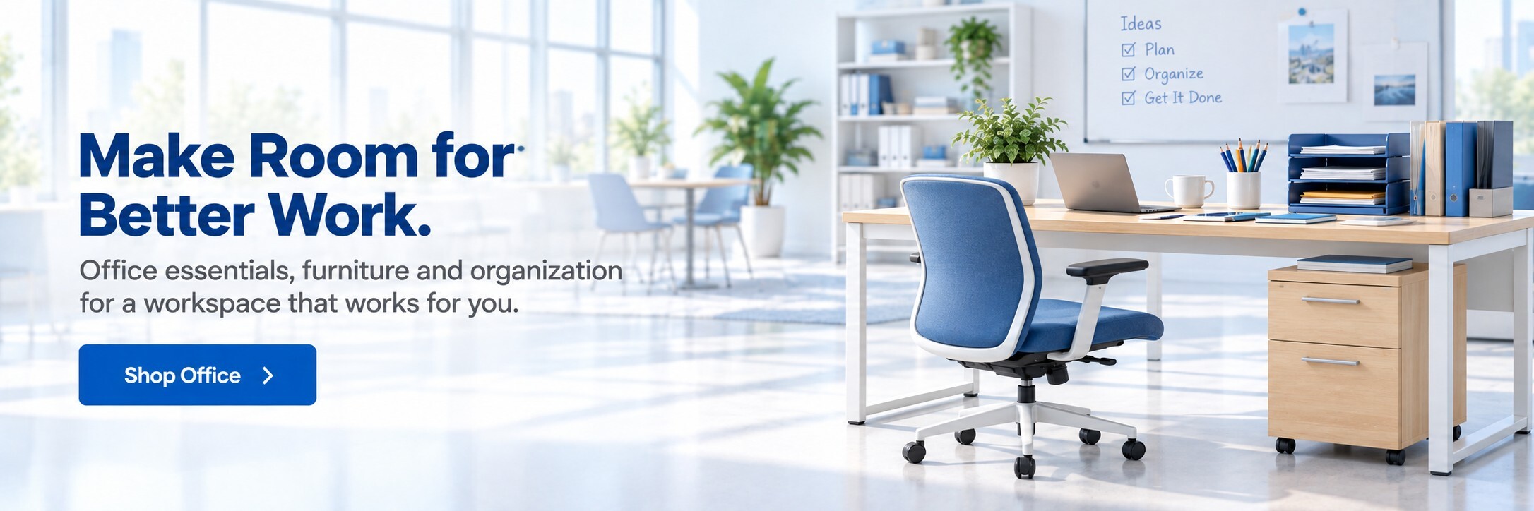 Office desk, chair and desktop organization supplies
