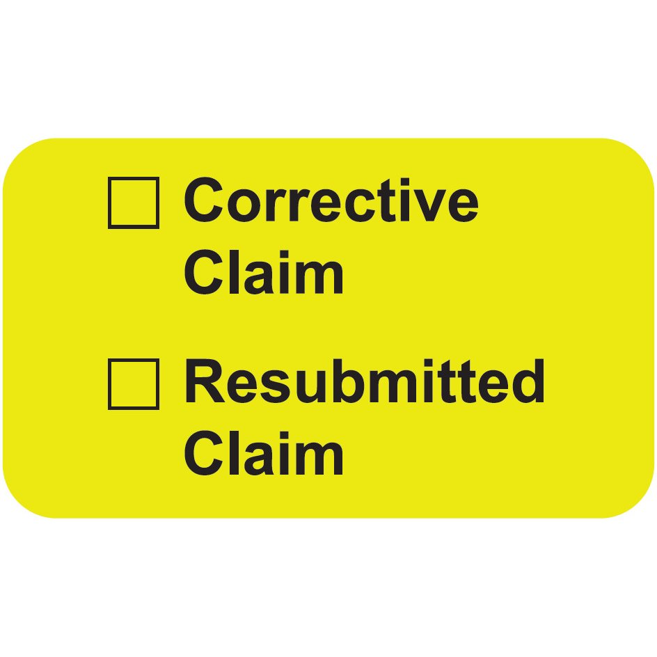 "Corrective Claim / Resubmitted Claim" Label - Fl. Chartreuse - 1 1/2" x 7/8" - Box of 250