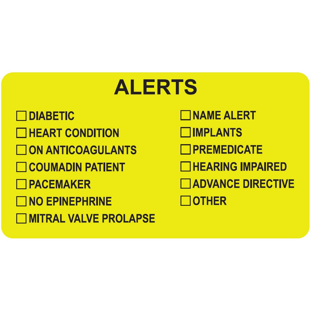"Alerts - Diabetic/Heart Condition/Pacemaker/Coumadin..." Label - Fl. Chartreuse - 3 1/4" x 1 3/4" - Box of 250