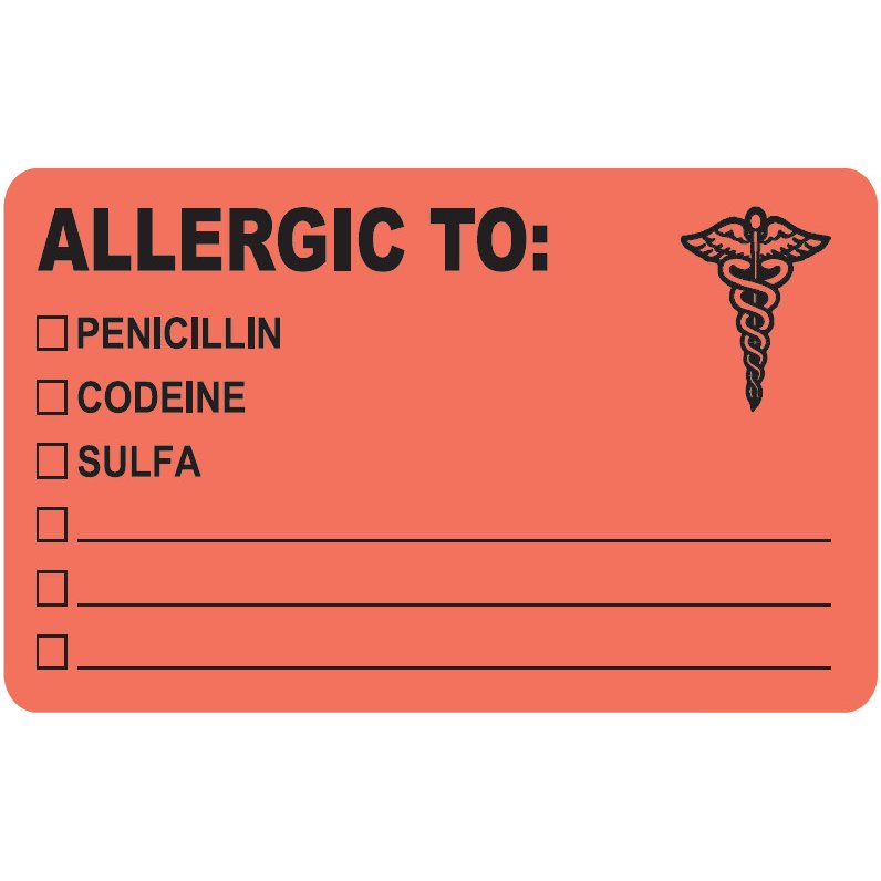 "Allergic To:" Label - Fl. Red - 4" x 2 1/2" - Box of 100