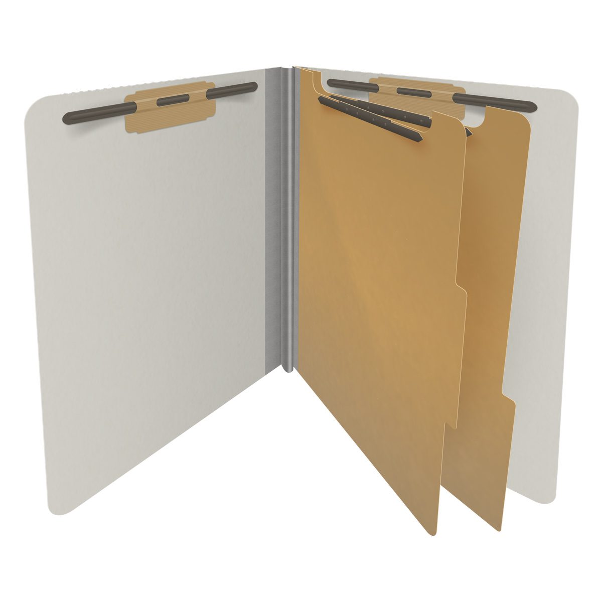 End Tab Type III Pressboard Folders w/ 2 Kraft Dividers - 2" Expansion - Letter Size - Grey - 10/Box