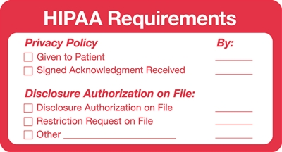 "HIPPA Requirements" Label - 3-1/4" x 1-3/4" - White/Red - 500/Box
