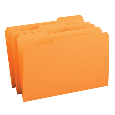 Top Tab File Folder With Fasteners Positions 1 and 3, Orange, Legal Size, 11 pt, Reinforced Tab, 1/3 Cut Assorted, Box of 100