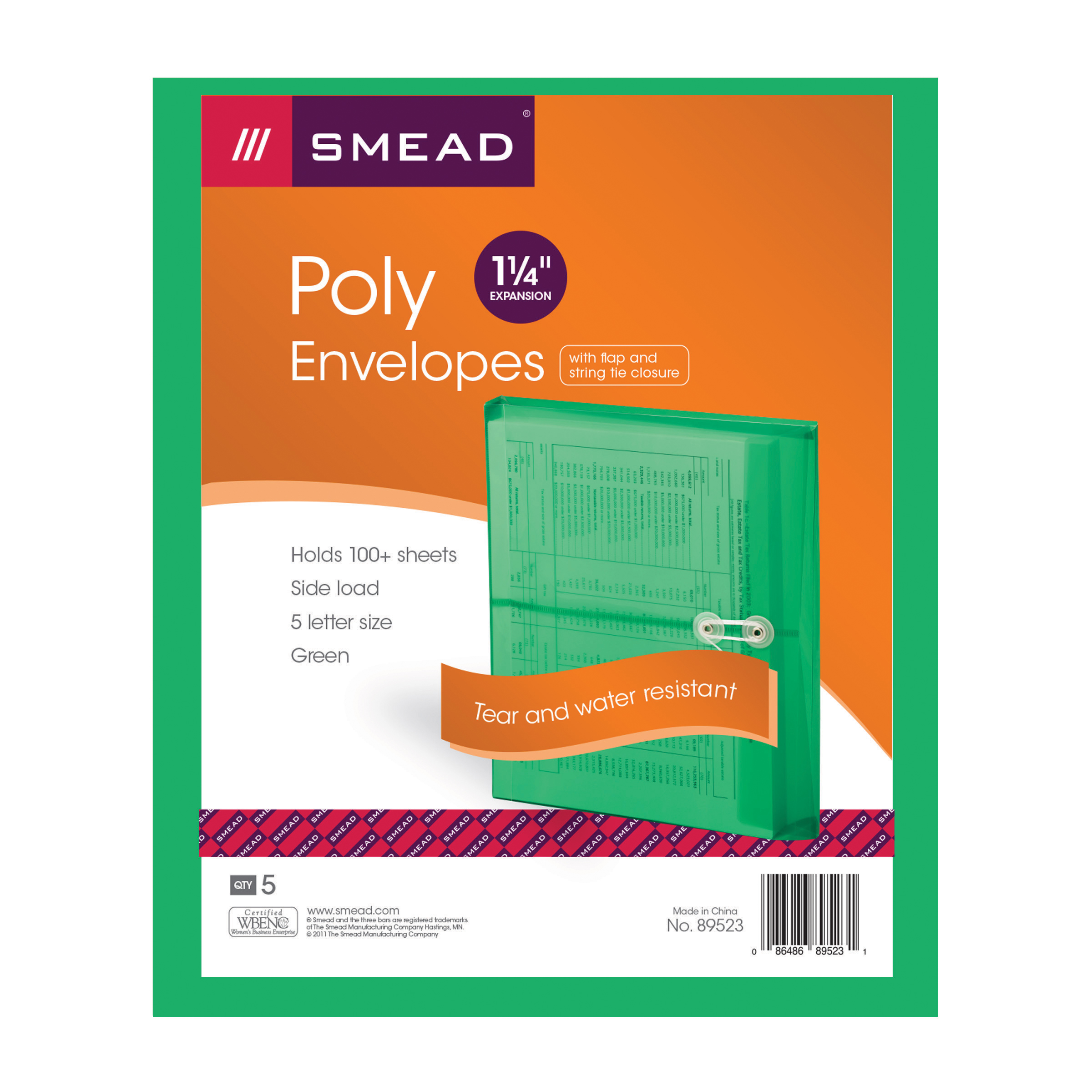 Smead 89523  Poly Envelope, 1-1/4" Expansion, String-Tie Closure, Side Load, Letter Size, Green, 120 Envelopes Per Carton (89523)