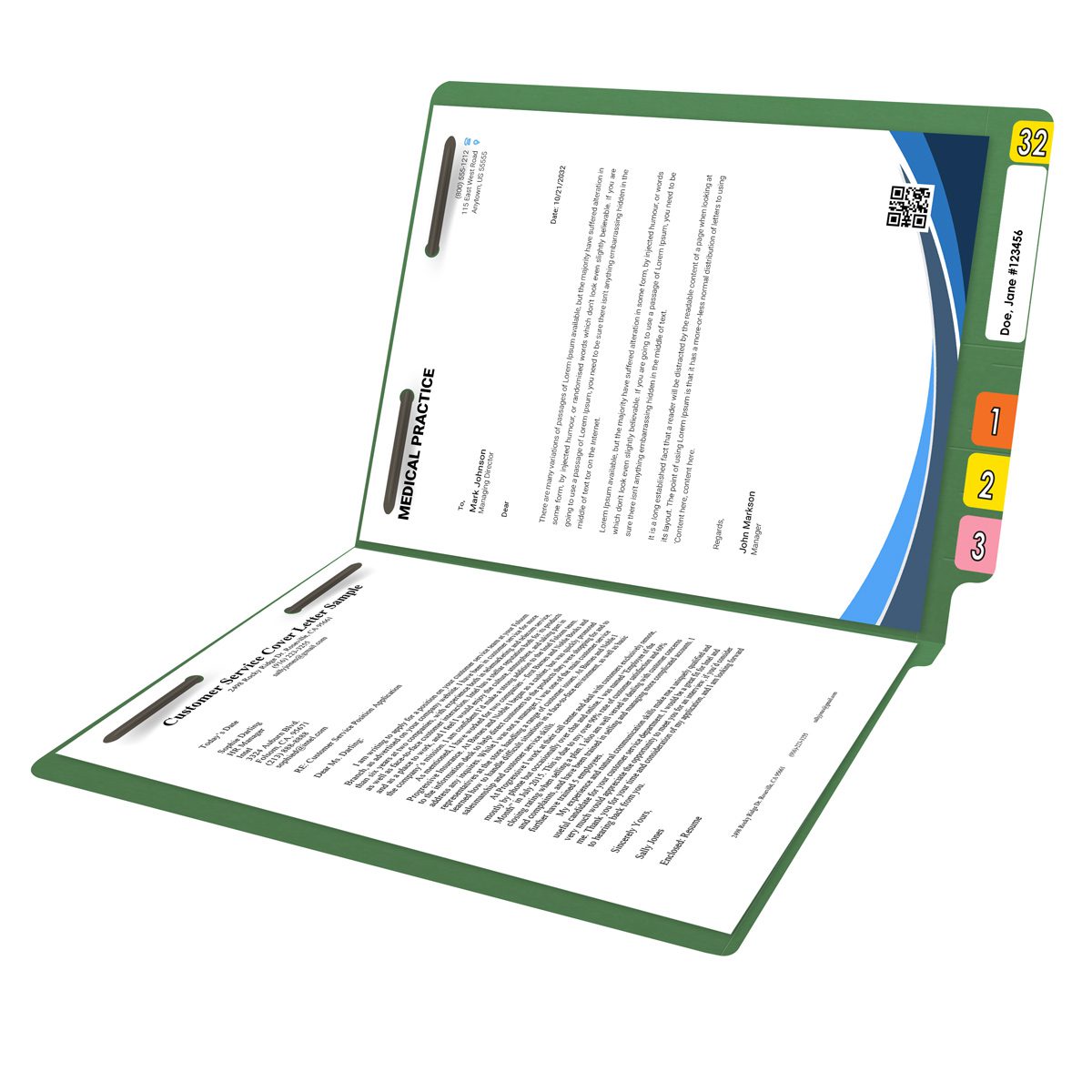GREEN End Tab Folder - Smead Compatible - 14Pt. End Tab Letter Size Full Cut  Reinforced Tab - Bonded Fasteners Positions 1&3 - 50/BX