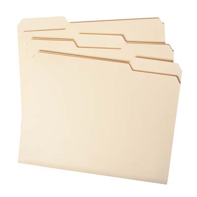 Top Tab 11 pt. Manila Folder, 1/3 Cut Tabs in Assorted Positions- Fasteners in Positions 1 & 3 - Letter Size - 50/Box