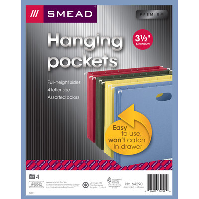 Smead Hanging Pocket, 3-1/2" Expansion, Letter Size, Assorted Colors, 4 per Pack (64290) - 12 Packs