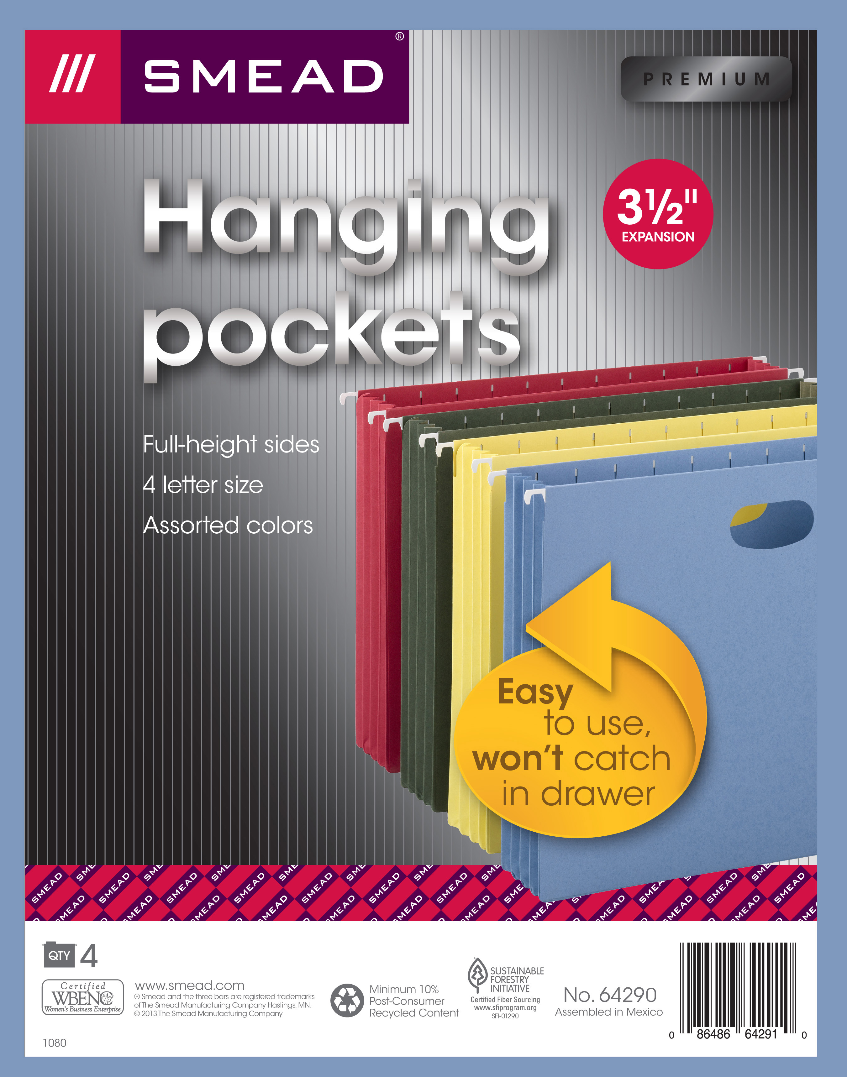 Smead 64290  Hanging Pocket, 3-1/2" Expansion, Letter Size, Assorted Colors, Carton of 48
