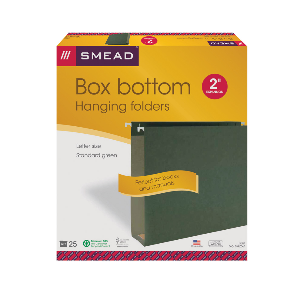 Smead 64259  Box Bottom Hanging File Folders, 2" Expansion, Letter Size, Standard Green, Total of 125