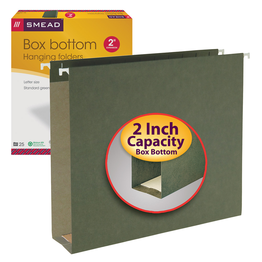 Smead 64259  Box Bottom Hanging File Folders, 2" Expansion, Letter Size, Standard Green, Total of 125