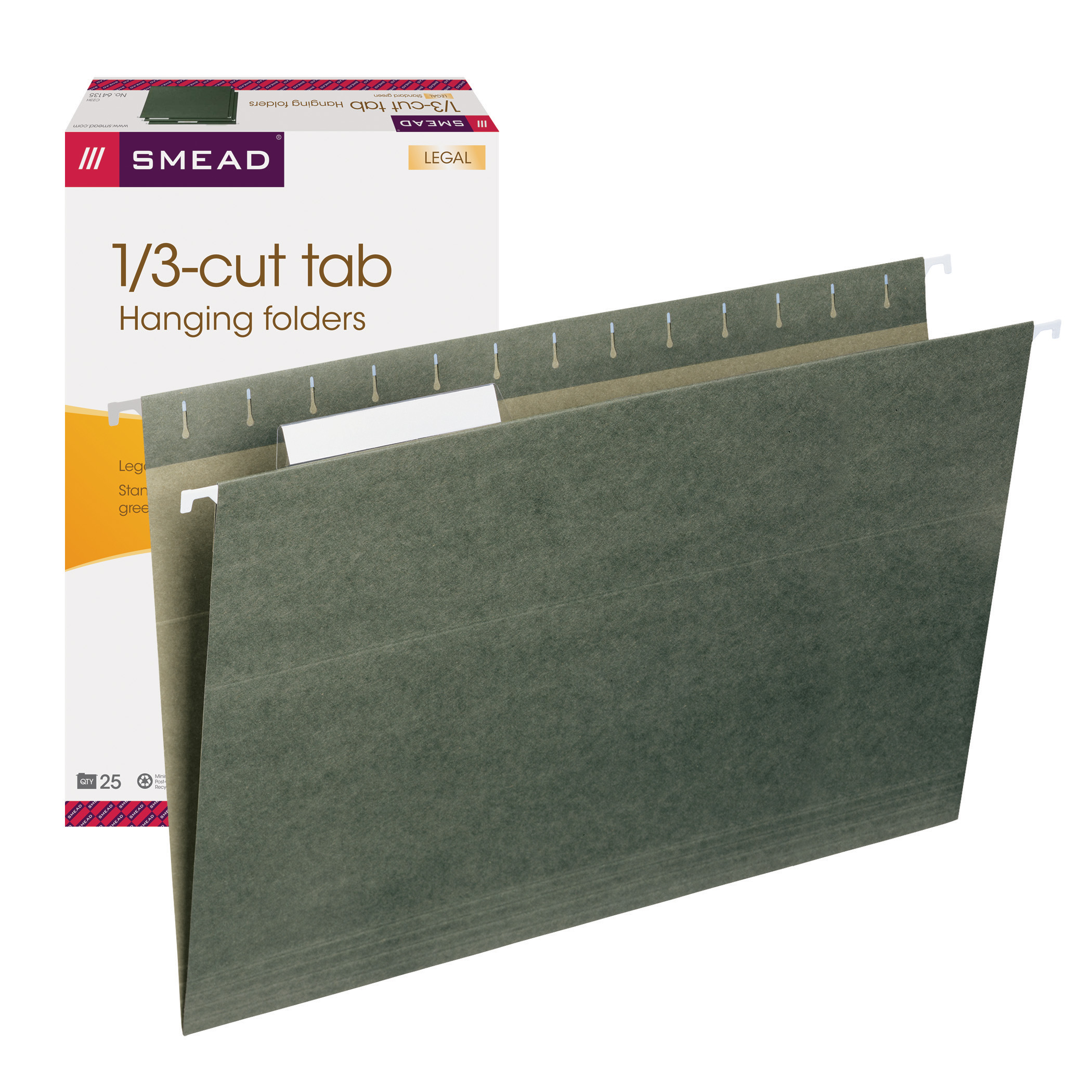 Smead 64135  Hanging File Folder with Tab,  1/3- Cut Adjustable Tab, Legal Size, Standard Green, Total of 125