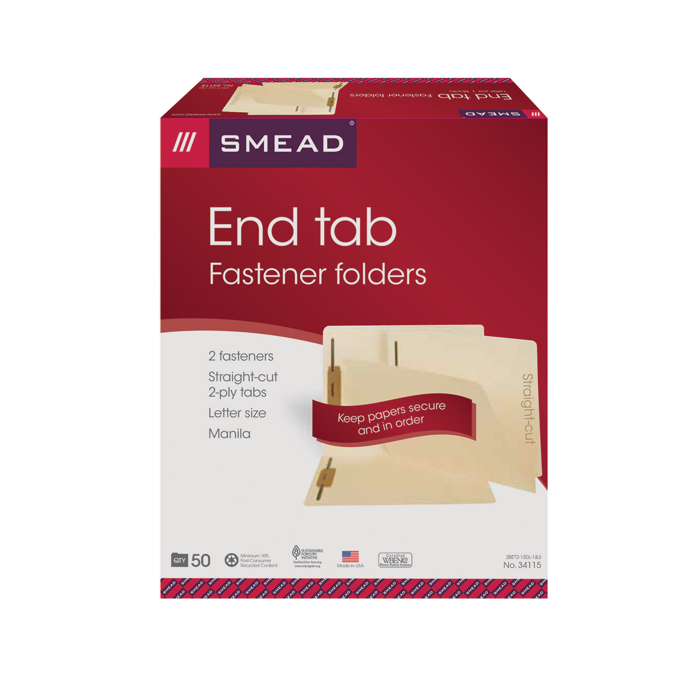 Smead 34115  End Tab Fastener File Folder, Shelf-Master Reinforced Straight-Cut Tab, 2 Fasteners, Letter Size, Manila, Total of 250