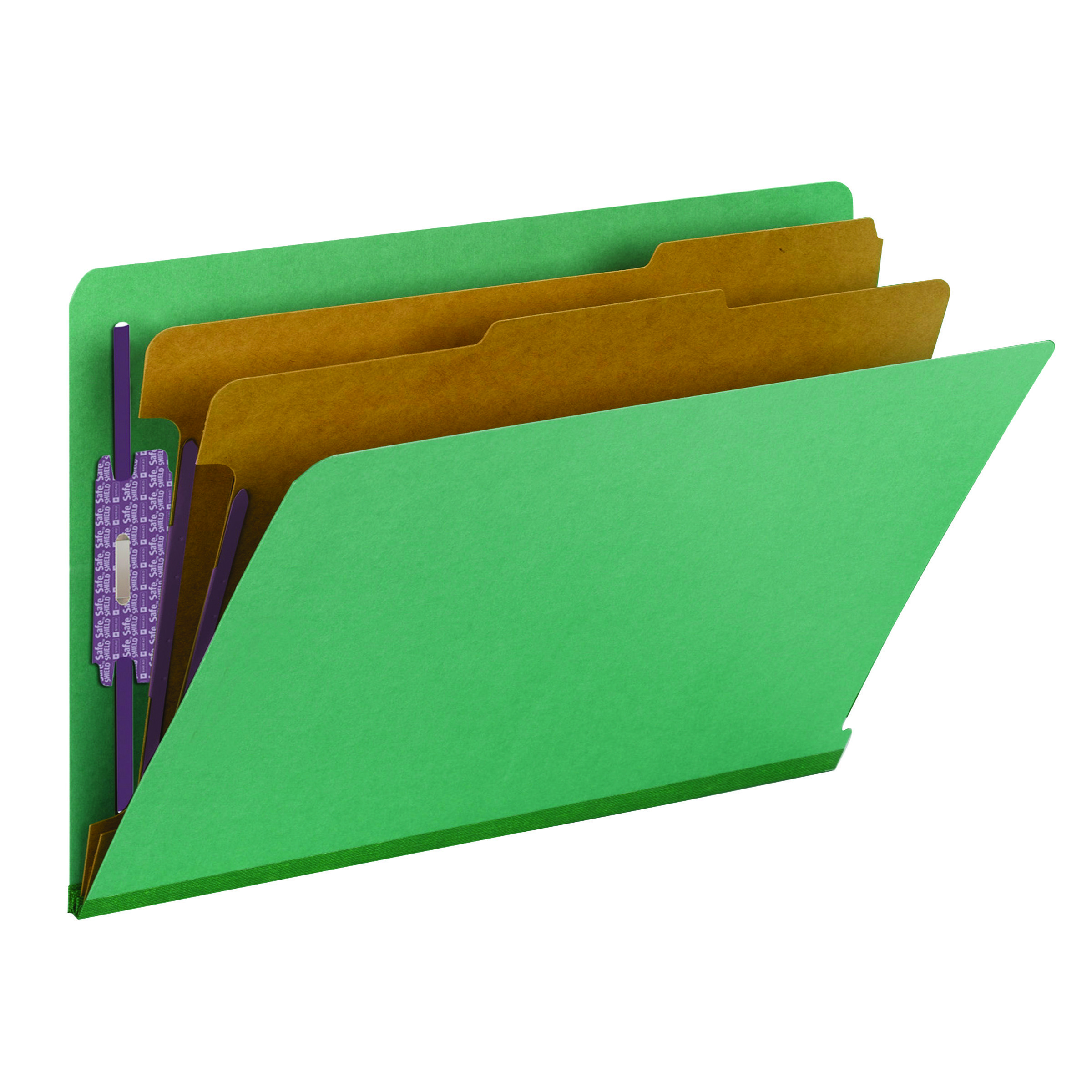 Smead 29785  End Tab Pressboard Classification Folder with SafeSHIELD Fasteners, 2 Dividers, Legal, Green (29785)