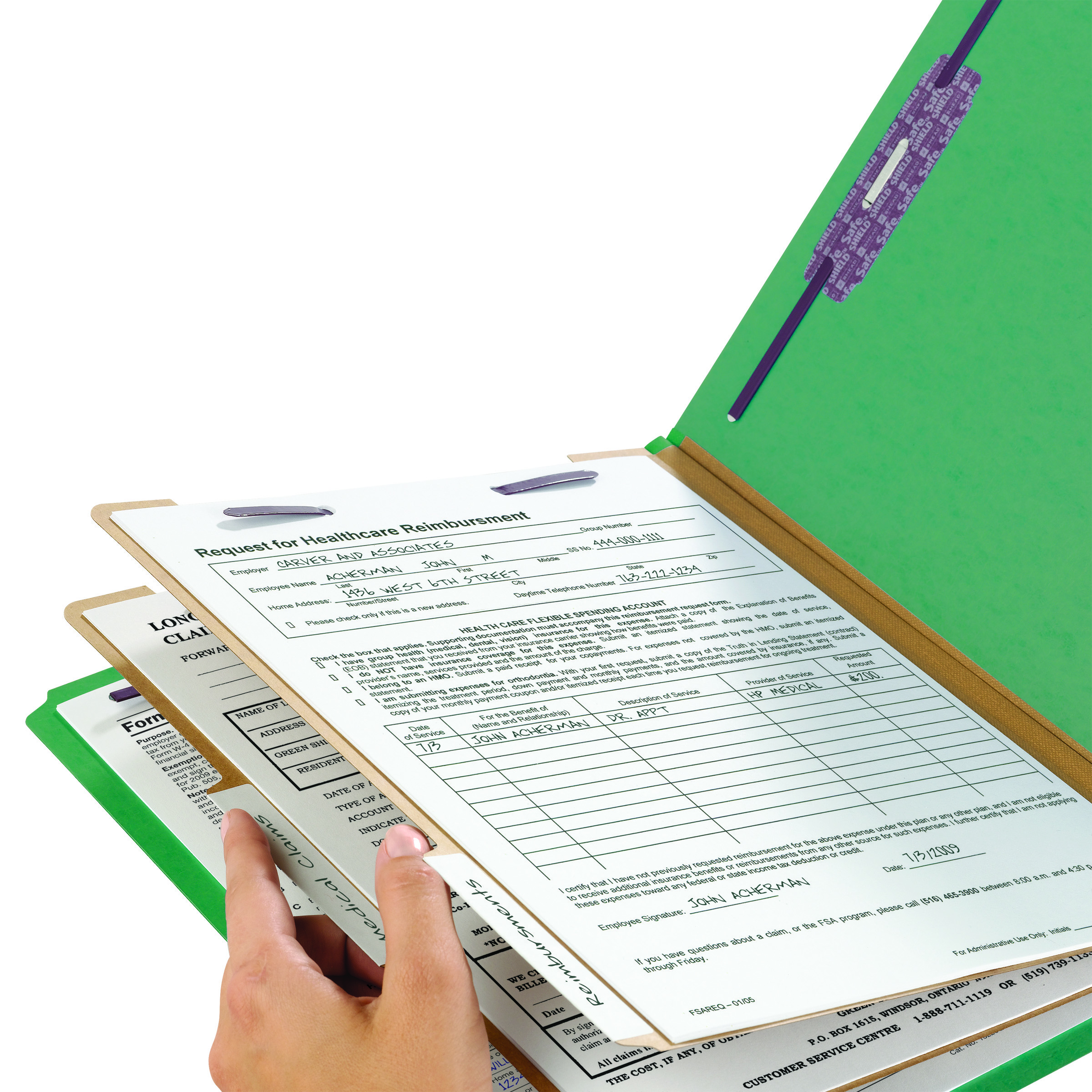 Smead 29785  End Tab Pressboard Classification Folder with SafeSHIELD Fasteners, 2 Dividers, Legal, Green (29785)