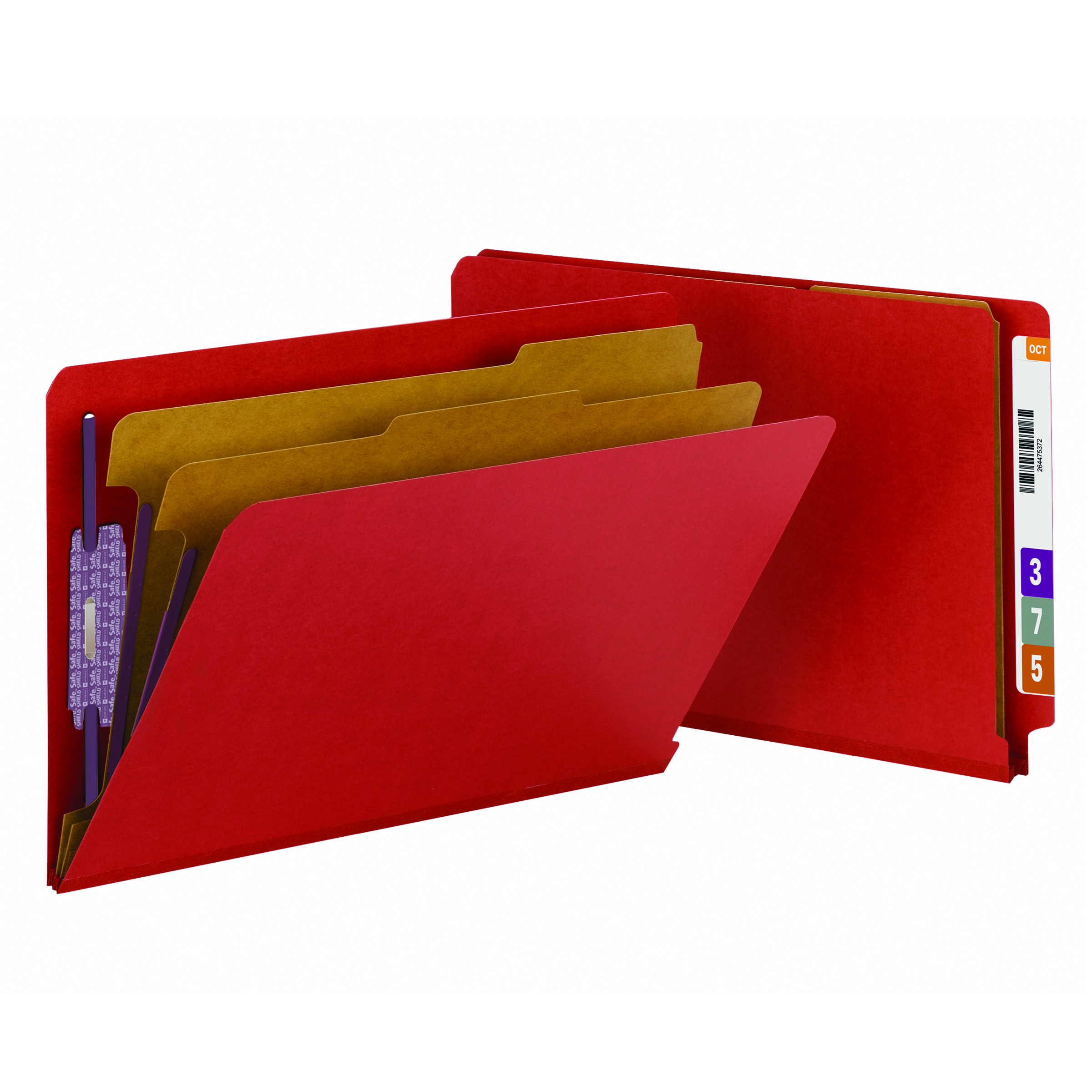 Smead 29783  End Tab Pressboard Classification Folder with SafeSHIELD Fasteners, 2 Dividers, Legal, Bright Red (29783) - 10/Box