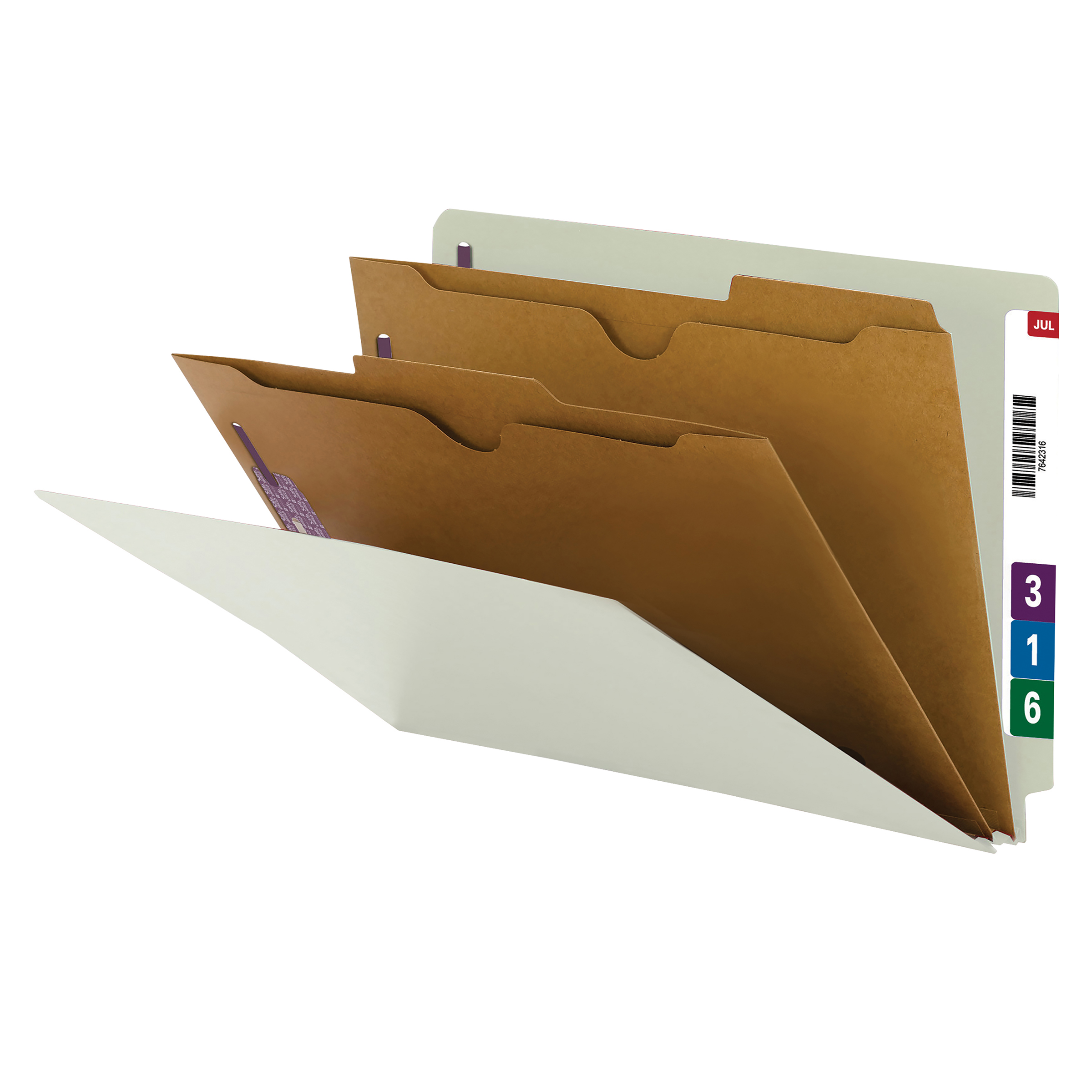 Smead 29710  End Tab Classification File Folder with SafeSHIELD Fasteners, 2 Pocket-Style Divider, Legal Size, Gray/Green, 10 per Box (29710)