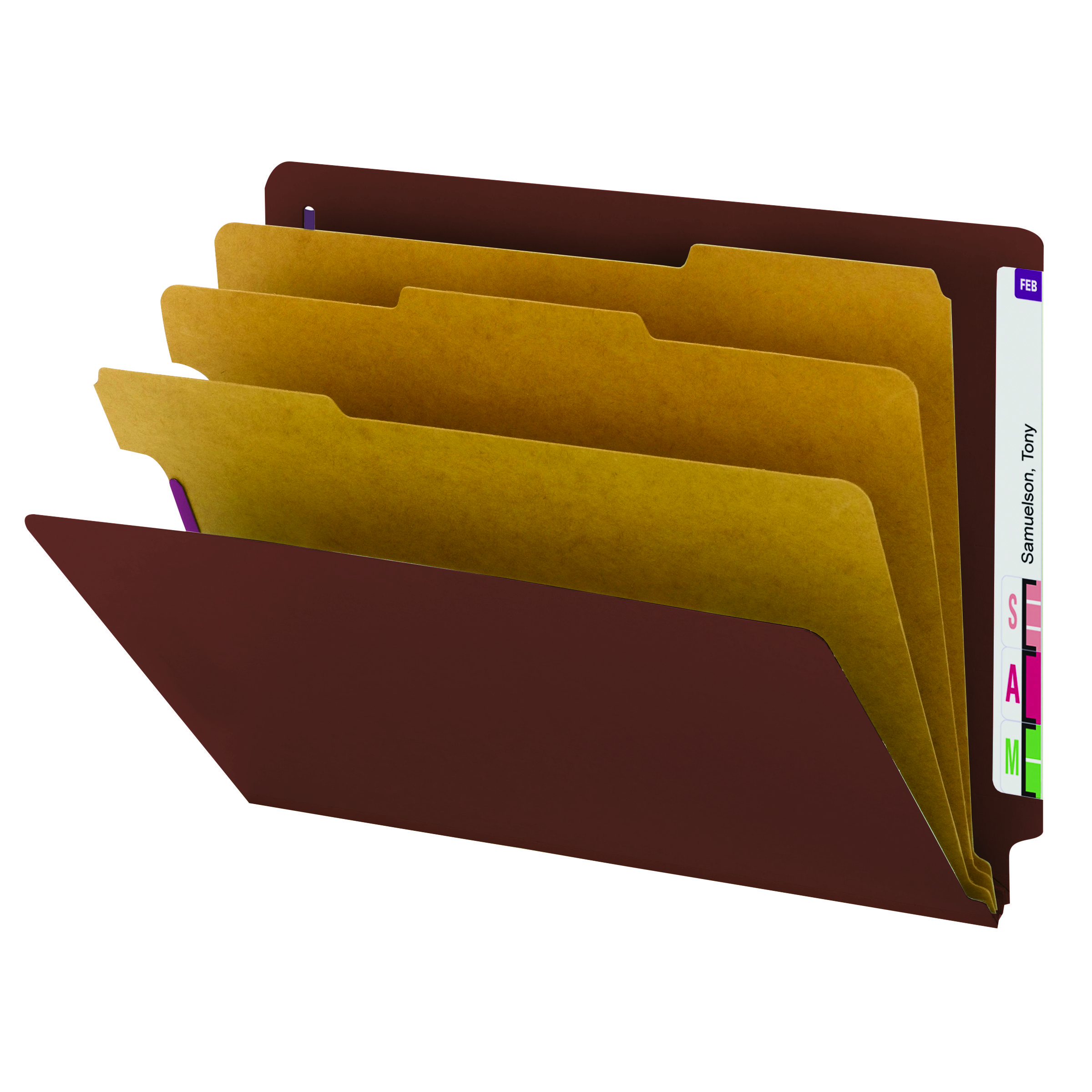 Smead 26865  RED End Tab Pressboard Classification Folder with SafeSHIELD Fasteners, 3 Dividers - Letter Size - 10/Box