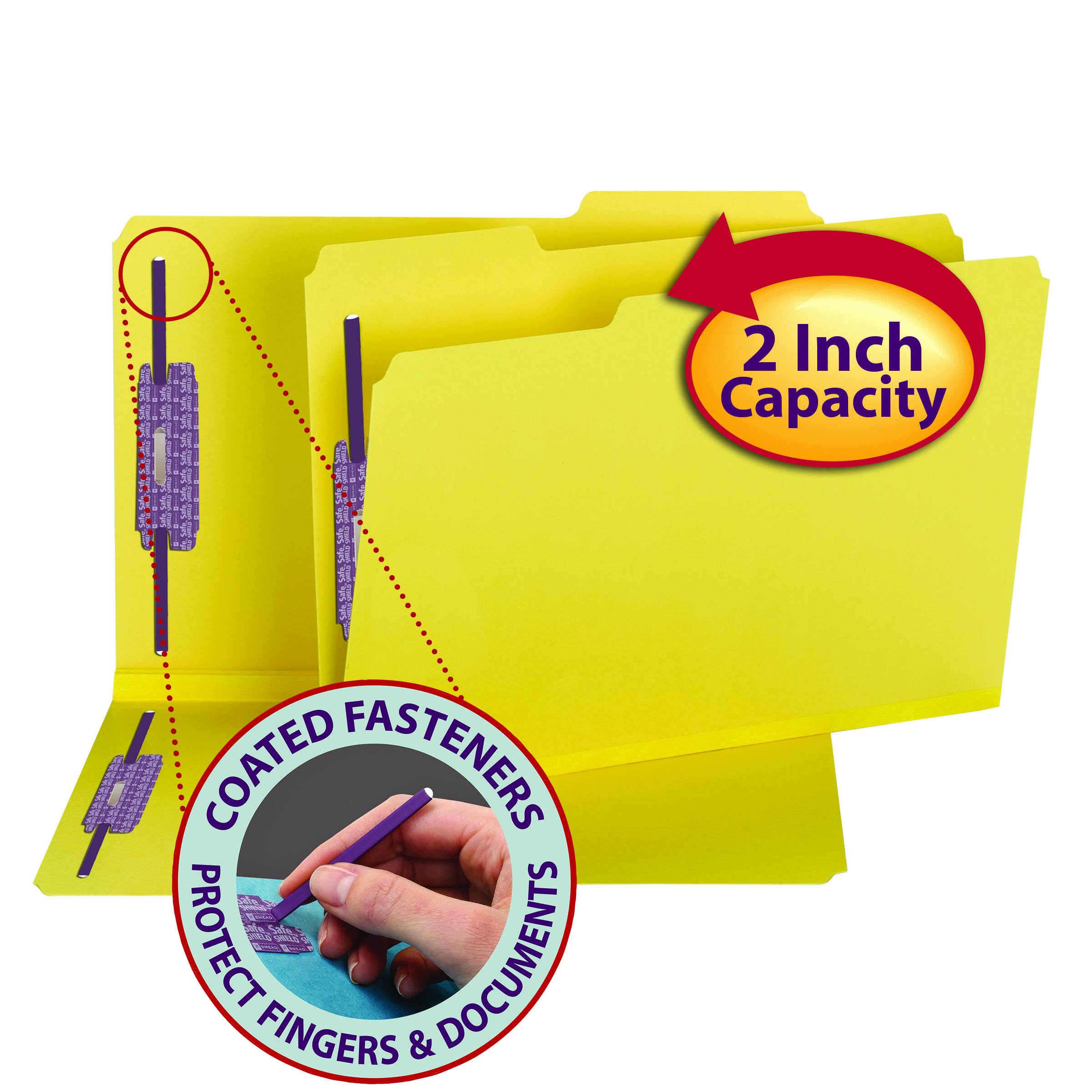 Smead 19939  Pressboard File Folder with SafeSHIELD Fasteners, 2 Fasteners, 1/3-Cut Tab, 2" Expansion, Legal Size, Yellow, 25 per Box (19939)