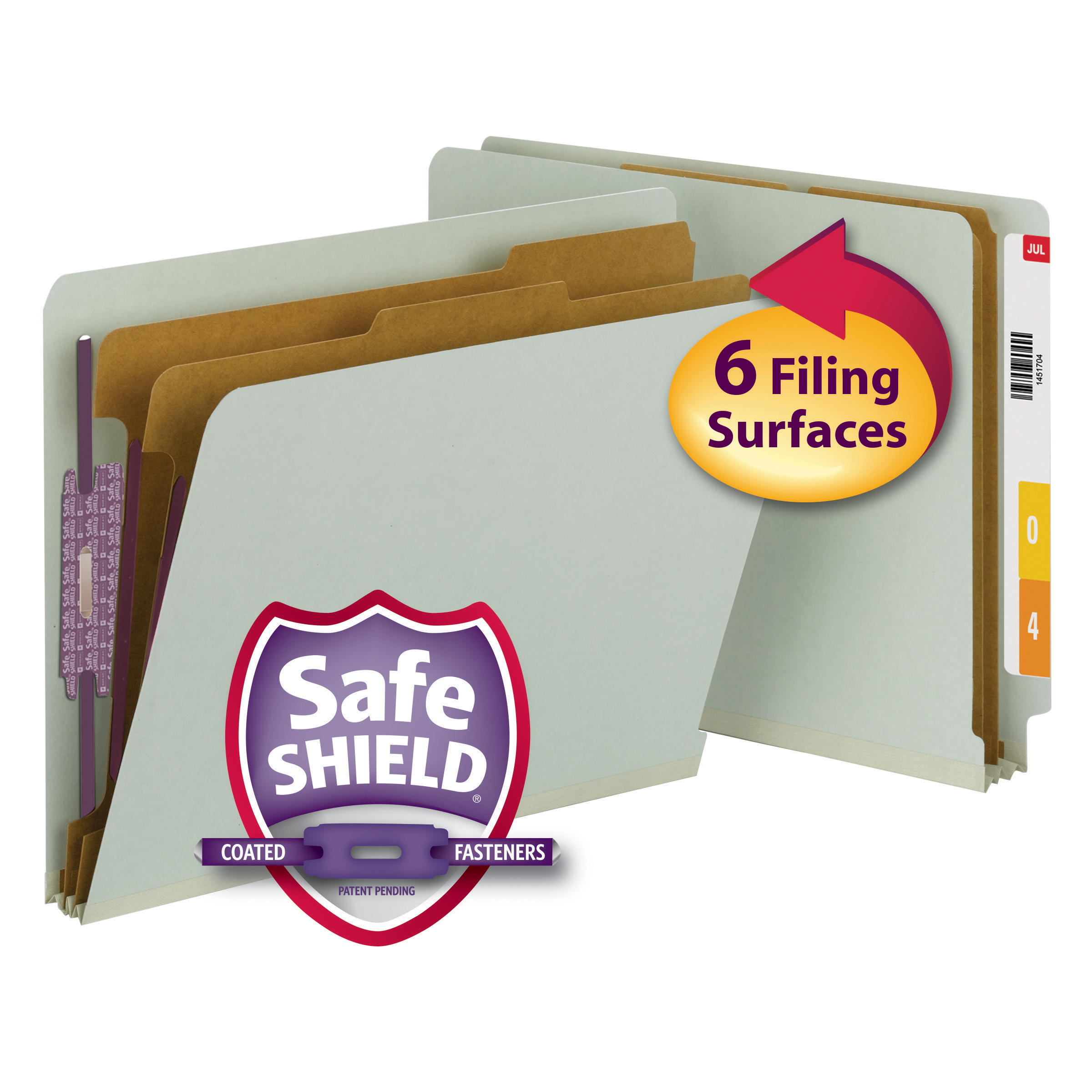 Smead 26810  End Tab Pressboard Classification Folder with SafeSHIELD Fasteners, 2 Dividers, Gray/Green - Letter Size (26810) - Total of 50