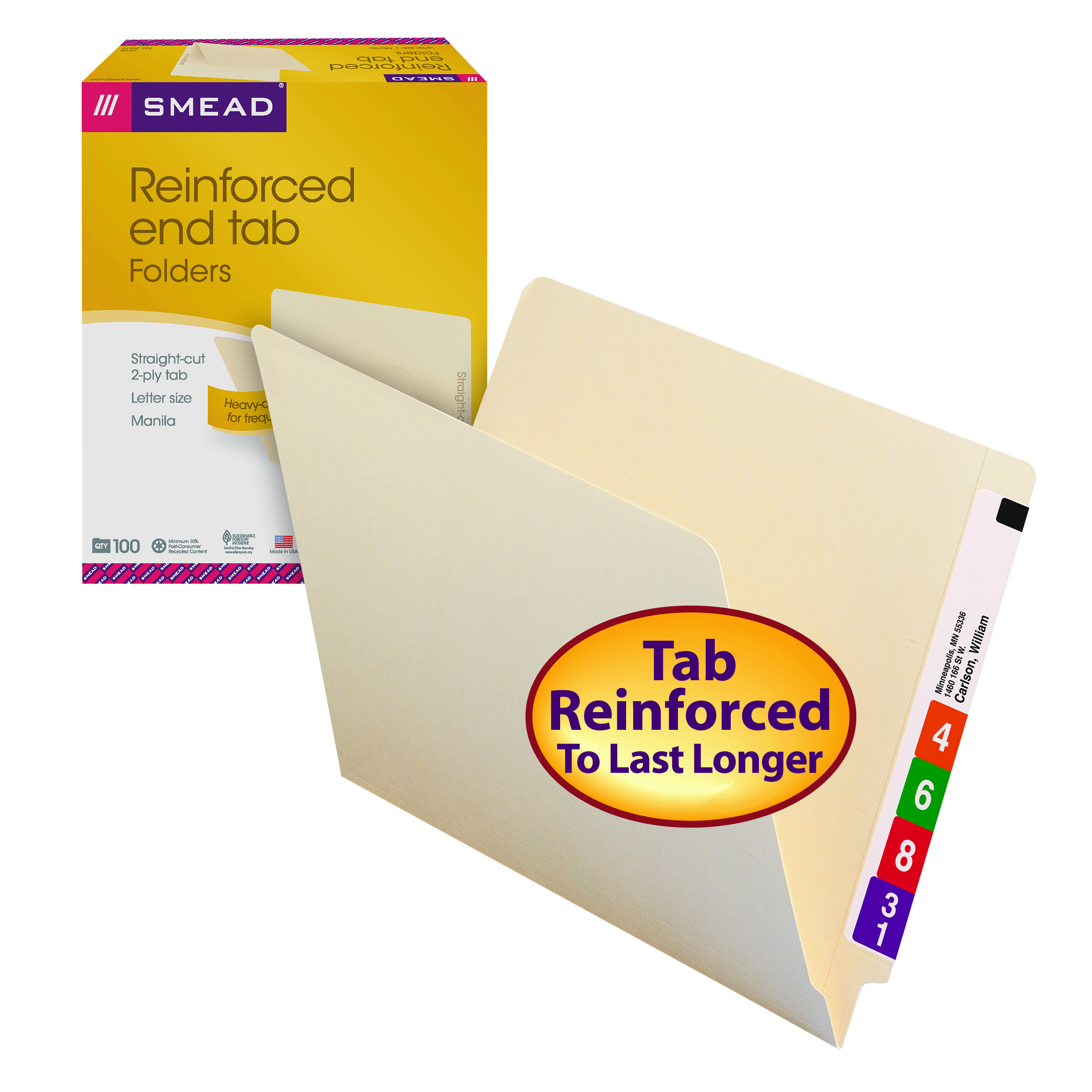 Smead 24110  End Tab File Folder, Shelf-Master Reinforced Straight-Cut Tab, Letter Size, Manila, 500/Carton