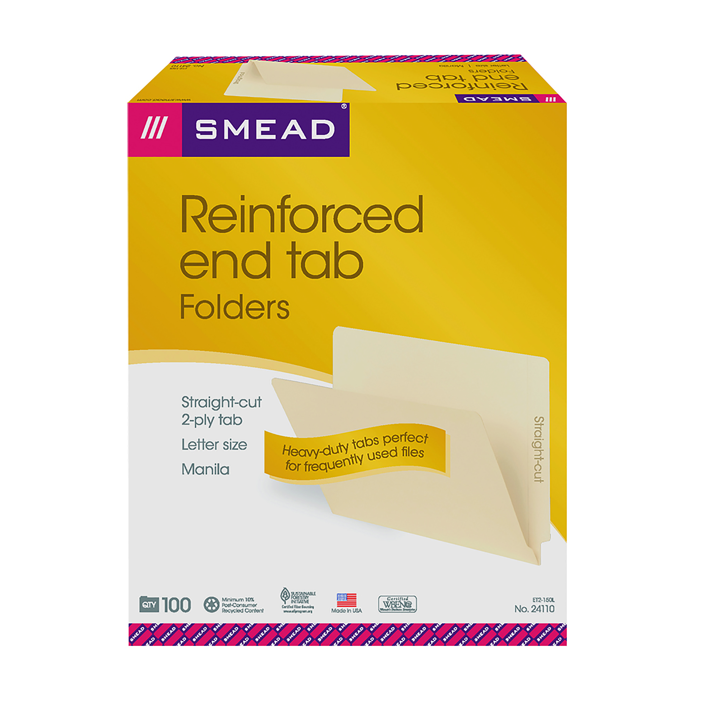 Smead 24110  End Tab File Folder, Shelf-Master Reinforced Straight-Cut Tab, Letter Size, Manila, 500/Carton