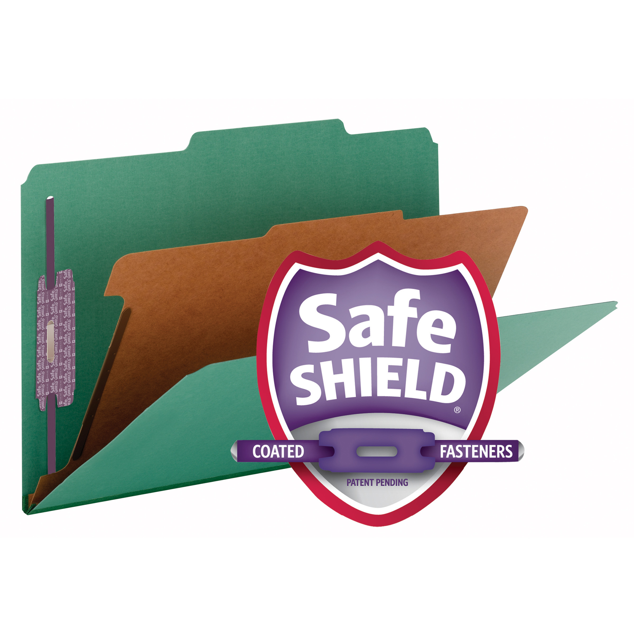 Smead Pressboard Classification File Folder with SafeSHIELD Fasteners, 1 Divider, 2" Expansion, Legal Size, Green, 10 per Box (18733)