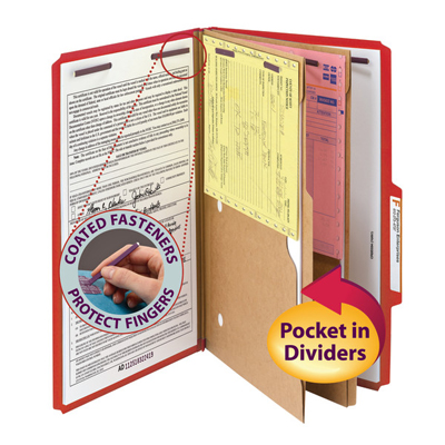 Smead 19082  Pressboard Classification File Folder with Wallet Divider and SafeSHIELD Fasteners, 2 Dividers, Legal Size, Bright Red (19082)