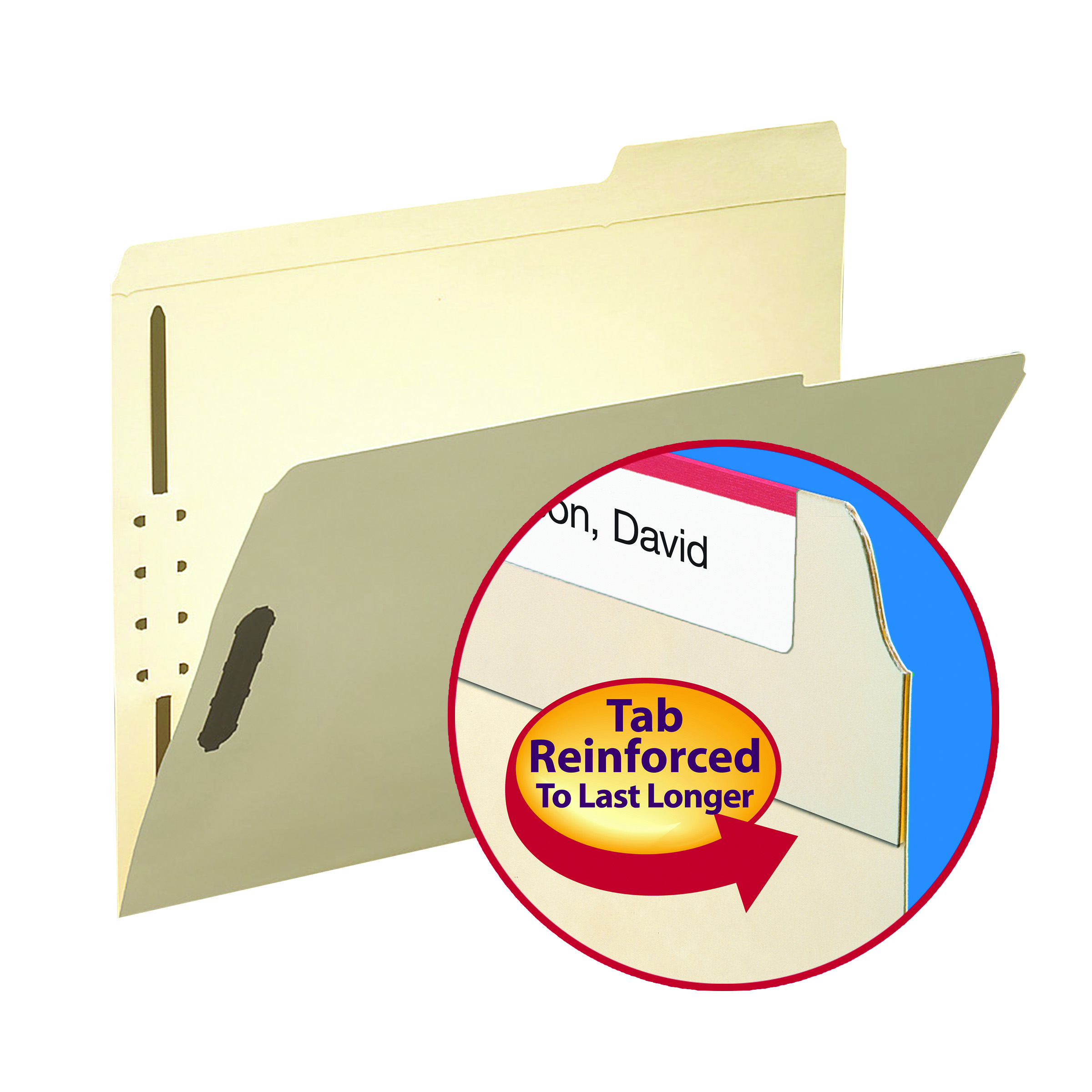 Smead 14538 Top Tab with 2 Embedded Fasteners in Positions 1 & 3, Reinforced 1/3-Cut Tab in Right Position Only, Letter Size, Manila - 50/Box