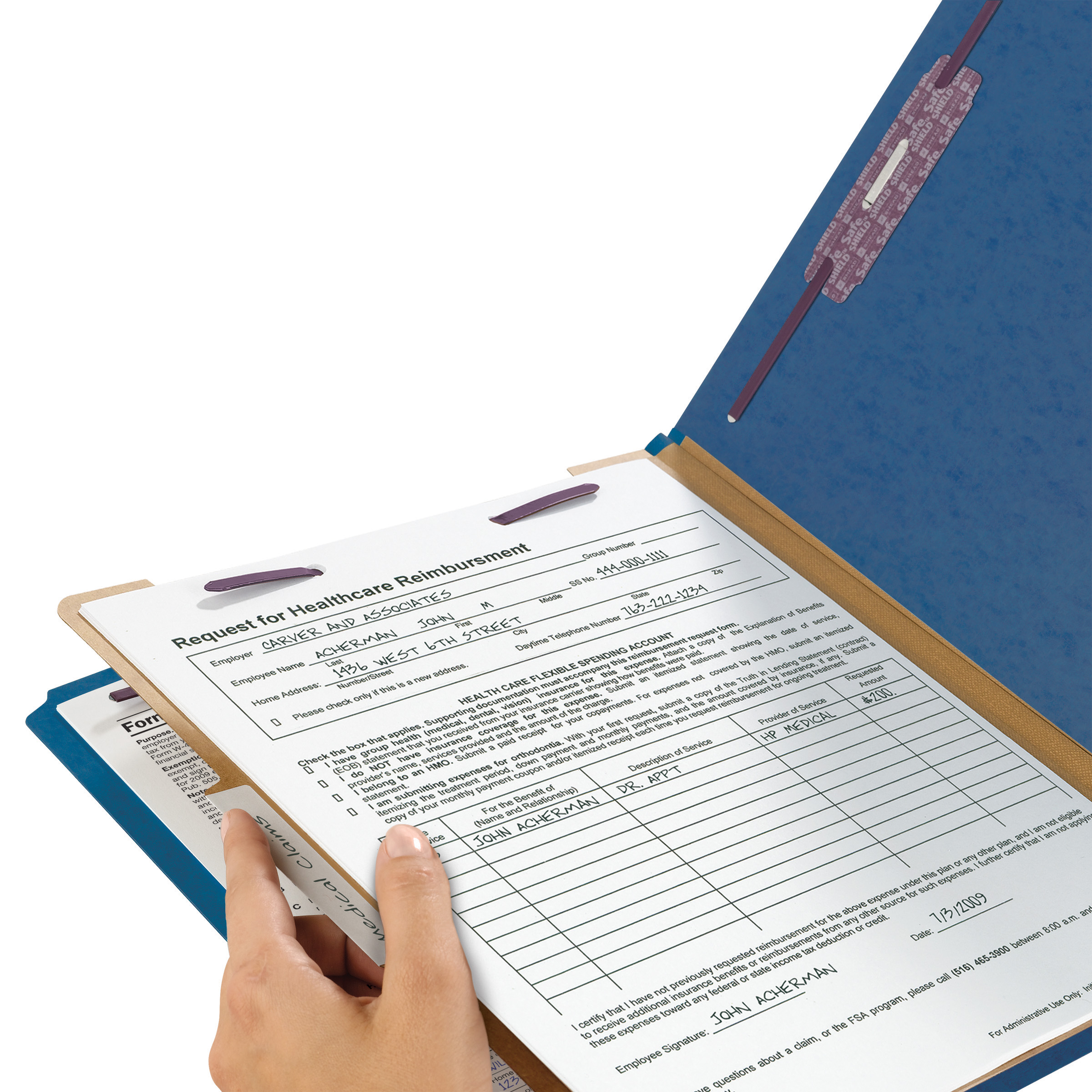 Smead 13732  Pressboard Classification File Folder with SafeSHIELD Fasteners, 1 Divider, 2" Expansion, Letter Size, Dark Blue, 10 per Box (13732)