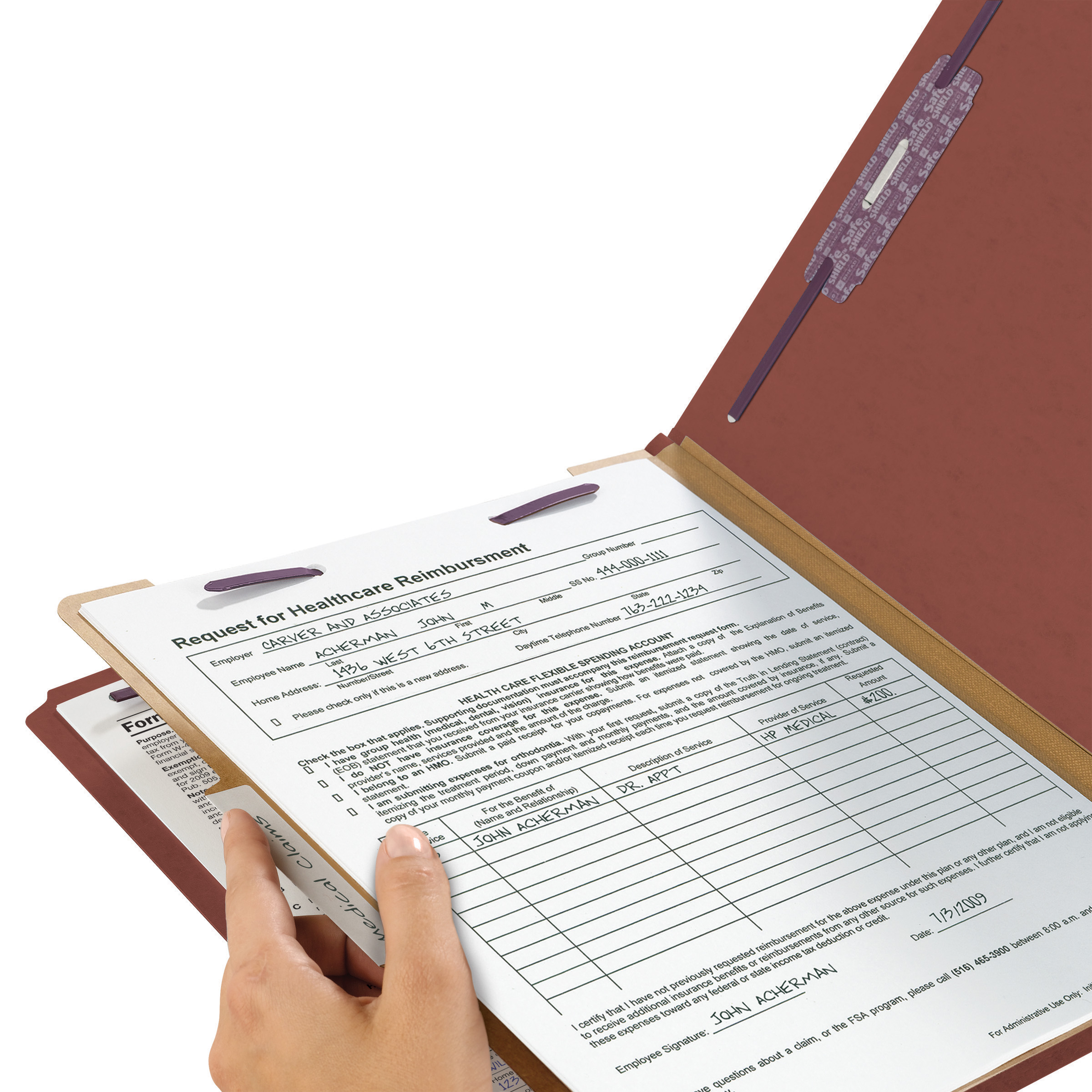 Smead 13775  Pressboard Classification File Folder with SafeSHIELD Fasteners, 1 Divider, 2" Expansion, Letter Size, Red, Total of 50