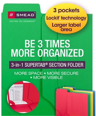Smead 11905  3-in-1 SuperTab Section Folder, 1/3-Cut Oversized Tab, Letter Size, Assorted Colors, Carton of 120